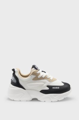 Kids' lace-up trainers in faux leather and canvas, White