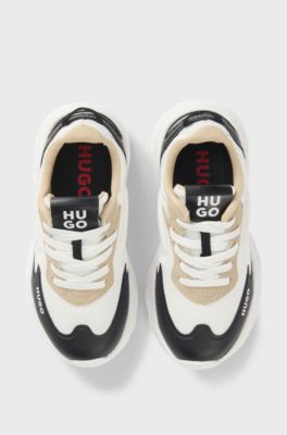 Kids' lace-up trainers in faux leather and canvas, White