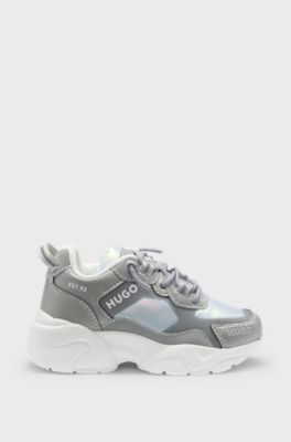 Kids' trainers in taffeta and faux leather, Silver