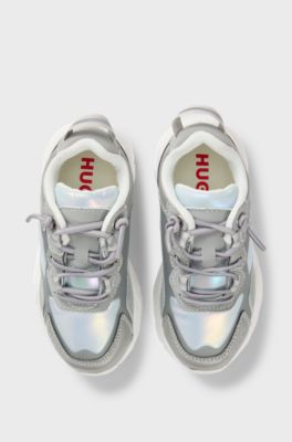 Kids' trainers in taffeta and faux leather, Silver