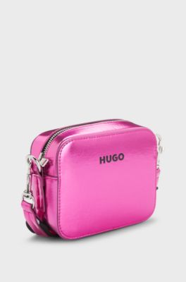 Kids' handbag in metallised fabric with logo strap, Pink