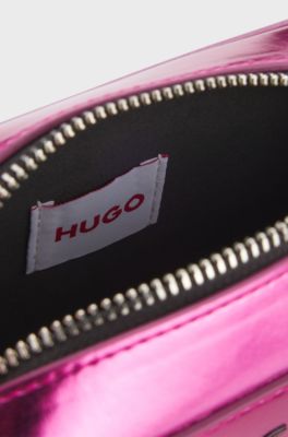 Kids' handbag in metallised fabric with logo strap, Pink