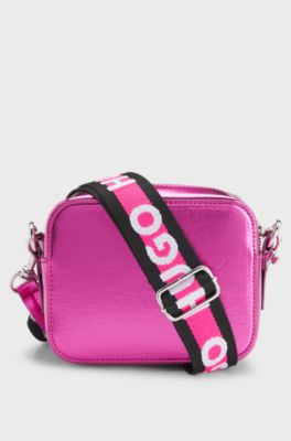 Kids' handbag in metallised fabric with logo strap, Pink