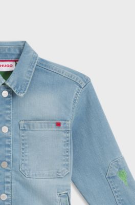 Kids' stretch-denim overshirt with patch pockets, Blue