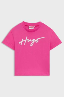 Kids' cropped T-shirt in cotton with iridescent logo, Pink