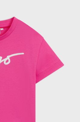 Kids' cropped T-shirt in cotton with iridescent logo, Pink