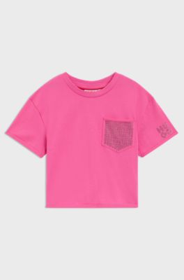 Kids' cropped T-shirt in cotton with patch pocket, Pink