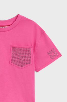 Kids' cropped T-shirt in cotton with patch pocket, Pink