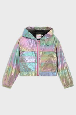 Kids' iridescent hooded windbreaker with logo print, Patterned