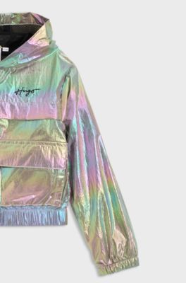 Kids' iridescent hooded windbreaker with logo print, Patterned