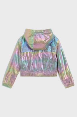 Kids' iridescent hooded windbreaker with logo print, Patterned