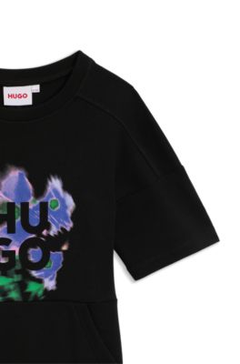 Vestito stile T-shirt da bambina in cotone con grafica con logo, Nero