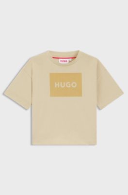 Katoenen T-shirt voor kinderen met logo in fluweellook, Beige