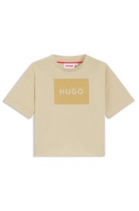 Kids' T-shirt in cotton with velvet-effect logo, Beige