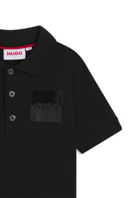 Polo per bambini in cotone elasticizzato con logo spezzato, Nero