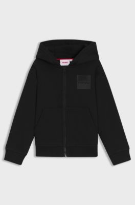 Felpa con cappuccio in pile per bambini con zip e logo spezzato, Nero