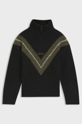 Kids' zip-placket sweater with chevron pattern, Black