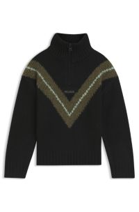 Kids' zip-placket sweater with chevron pattern, Black