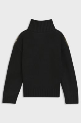 Kids' zip-placket sweater with chevron pattern, Black