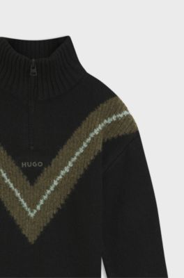 Kids' zip-placket sweater with chevron pattern, Black