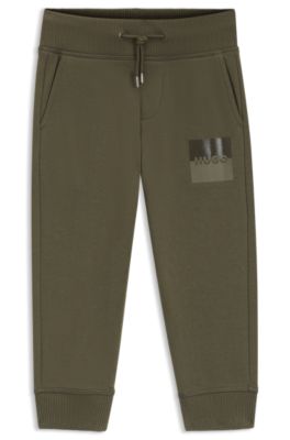 Kids' cotton-blend-fleece tracksuit bottoms with split logo, Dark Green