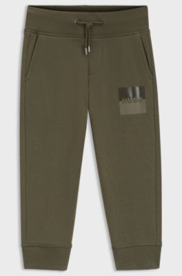 Kids' cotton-blend-fleece tracksuit bottoms with split logo, Dark Green