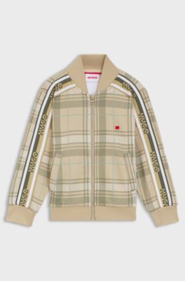 Kids' zipped jacket in checked fleece with logo label, Beige