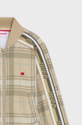 Giacca per bambini in pile a quadri con zip ed etichetta con logo, Beige