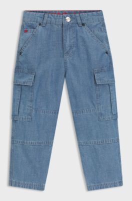 Kids' loose-fit jeans in blue ripstop denim, Patterned