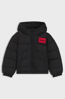Kids' water-repellent hooded jacket with logo badge, Black
