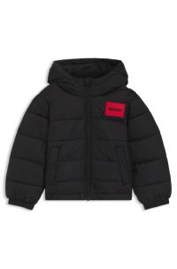 Veste déperlante à capuche et badge logoté pour enfant, Noir