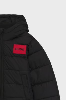 Kids' water-repellent hooded jacket with logo badge, Black