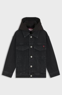 Kids' black-denim jacket with fleece hood, Patterned