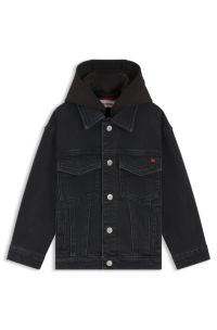 Kids' black-denim jacket with fleece hood, Patterned