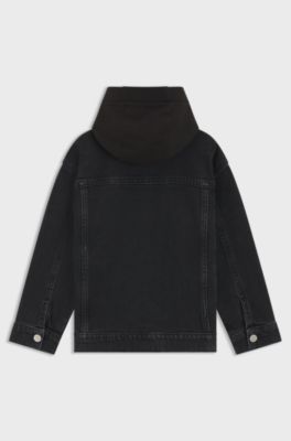 Kids' black-denim jacket with fleece hood, Patterned