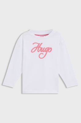Kinder-T-shirt van katoen met lange mouwen en glitterlogo, Wit