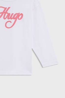 Kinder-T-shirt van katoen met lange mouwen en glitterlogo, Wit