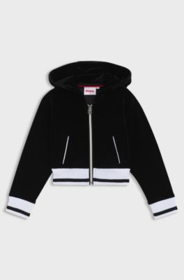 Felpa con cappuccio e zip per bambini in velluto con coste a righe, Nero