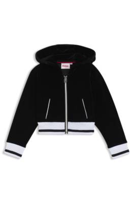 Kids' zip-up hoodie in velvet with striped ribbing