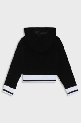 Felpa con cappuccio e zip per bambini in velluto con coste a righe, Nero