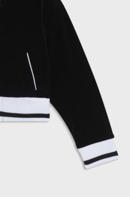Kids' zip-up hoodie in velvet with striped ribbing, Black
