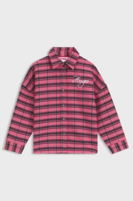 Chemise en coton &agrave; carreaux et logo brod&eacute;, Rose