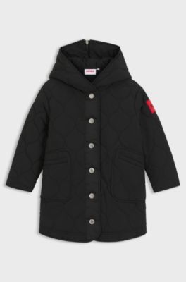 Kids' hooded parka jacket with logo label, Black