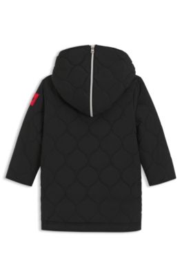 Kids' hooded parka jacket with logo label, Black