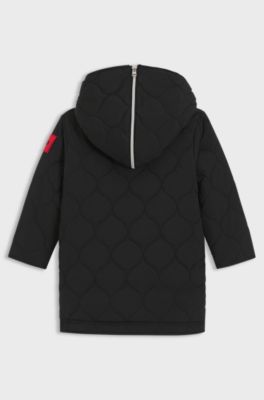 Kids' hooded parka jacket with logo label, Black