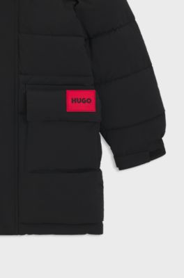 Kids' longline padded jacket with logo badge and hood, Black