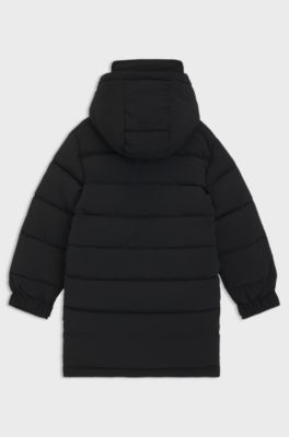 Kids' longline padded jacket with logo badge and hood, Black