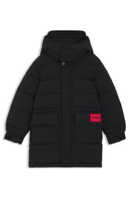 Kids' longline padded jacket with logo badge and hood, Black