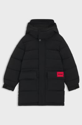 Kids' longline padded jacket with logo badge and hood, Black