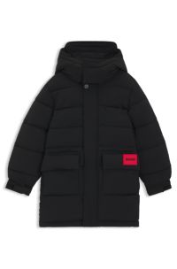 Kids' longline padded jacket with logo badge and hood, Black